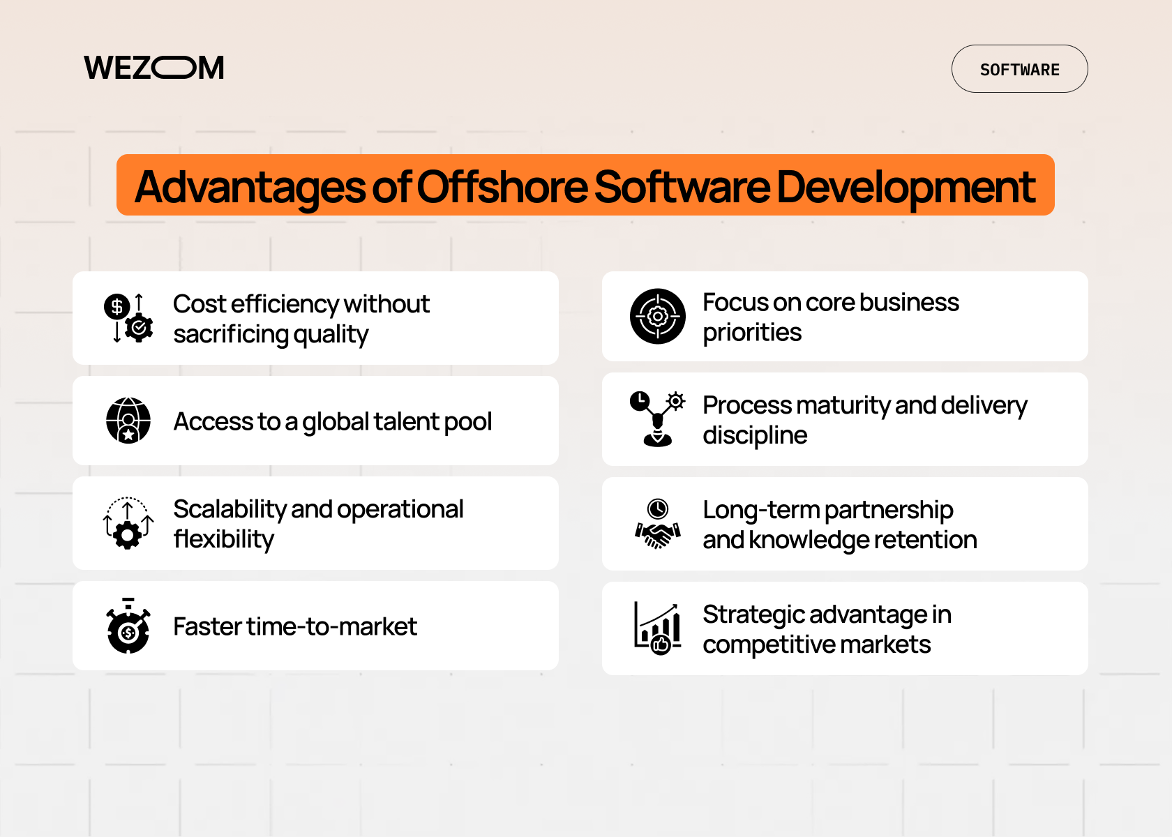 Advantages of offshore software development including cost efficiency, talent access, scalability, and faster delivery